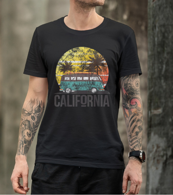 California Vintage Surf Van With Sunset And Palm Trees T-Shirt