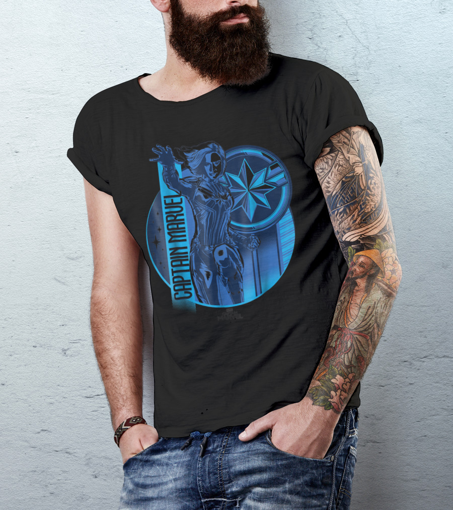 Captain Marvel Reflective Blue Circle Starburst Emblem T-Shirt