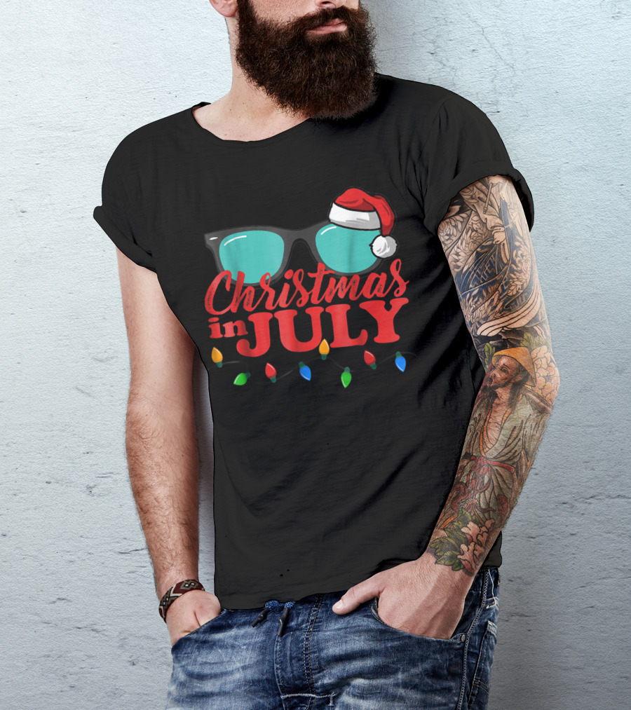 Christmas In July Santa Hat Sunglasses Summer Lights T-Shirt