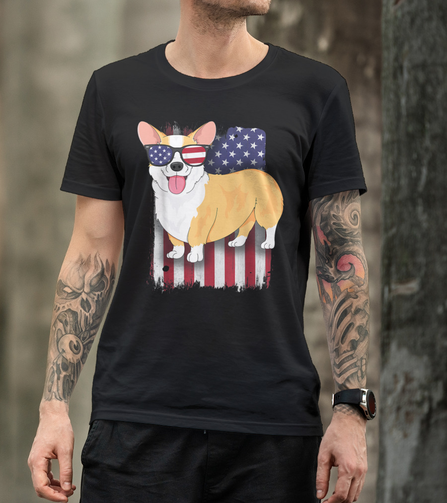Corgi With Sunglasses American Flag Background T-Shirt