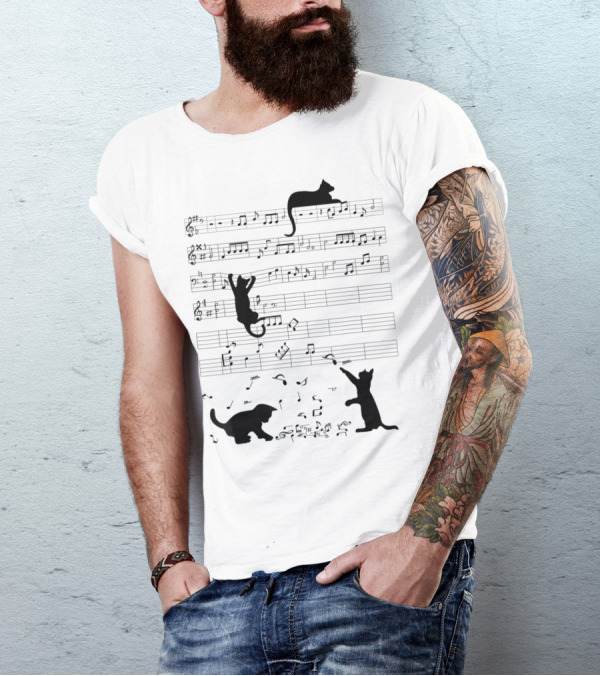 Cute Cat Kitty Climbing And Sitting With Music Notes And Clef T-Shirt