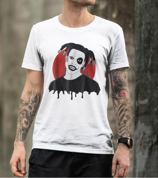 Denzel Curry Smiling Monochrome Portrait With Dreadlocks And Red Circle Background T-Shirt