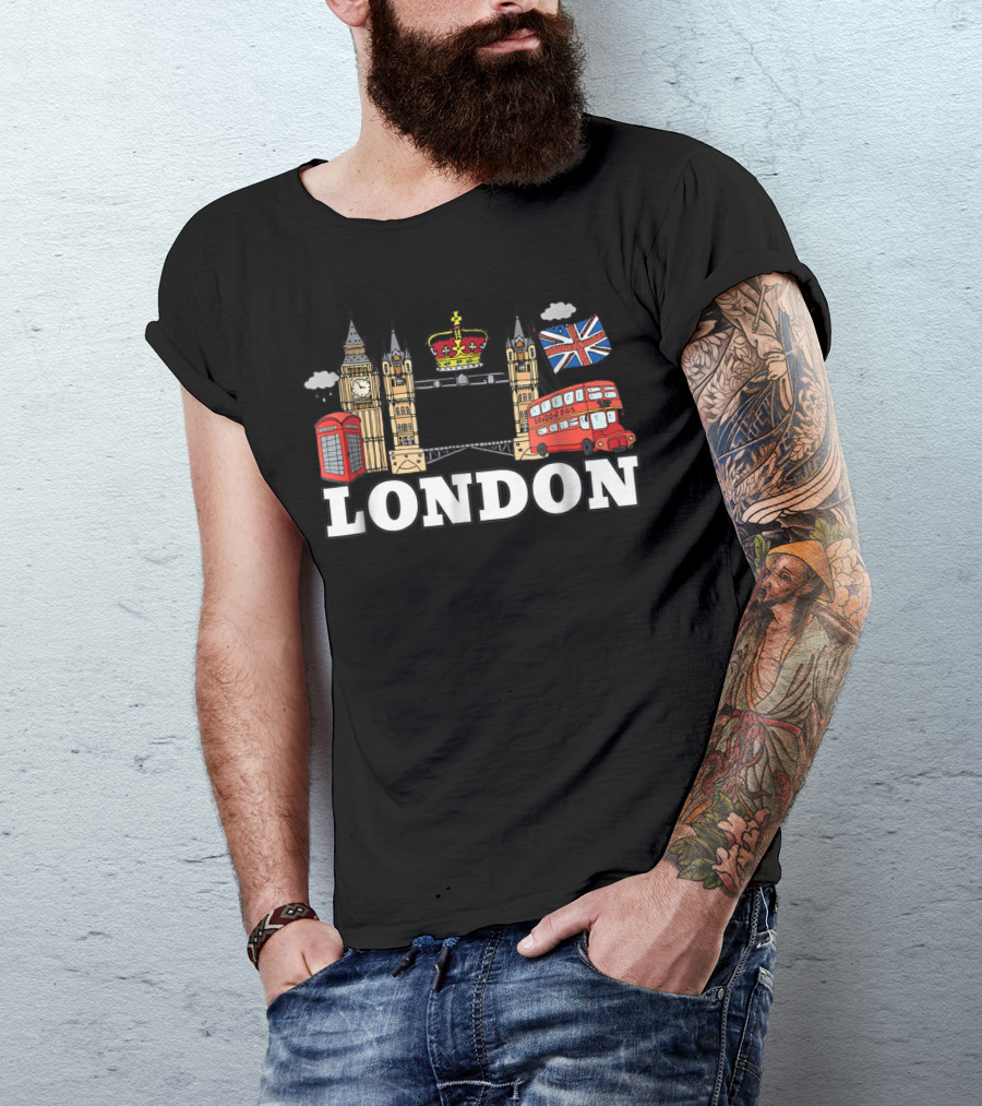 Big Ben Tower Bridge Crown London Bus Phone Box Union Jack Cloud T-Shirt
