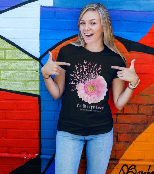 Faith Hope Love Breast Cancer Awareness Pink Ribbon Flower Explosion T-Shirt