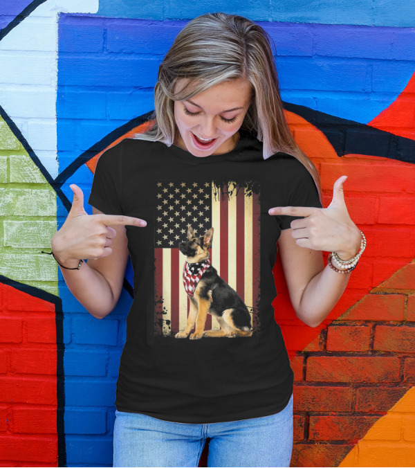 German Shepherd With American Flag Bandana In Front Of Stars And Stripes Flag T-Shirt