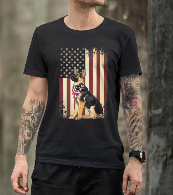 German Shepherd With American Flag Bandana In Front Of Stars And Stripes Flag T-Shirt