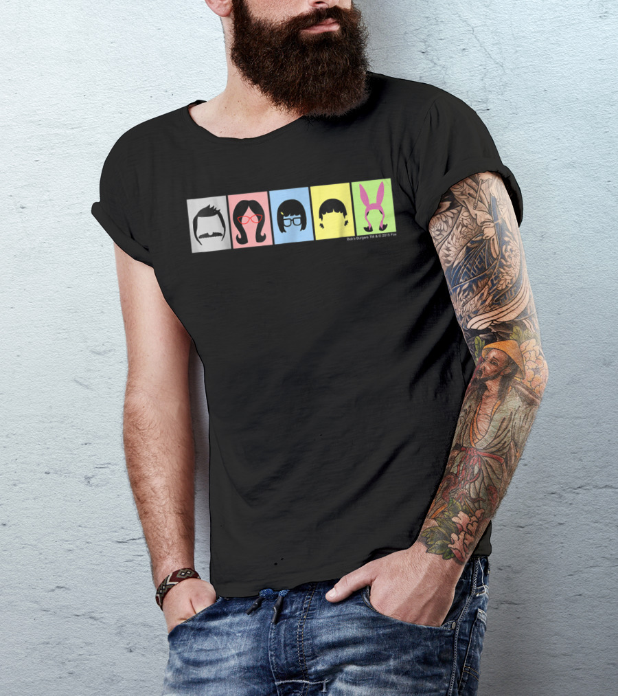 Bob's Burgers Characters Hair And Hats On Color Blocks T-Shirt
