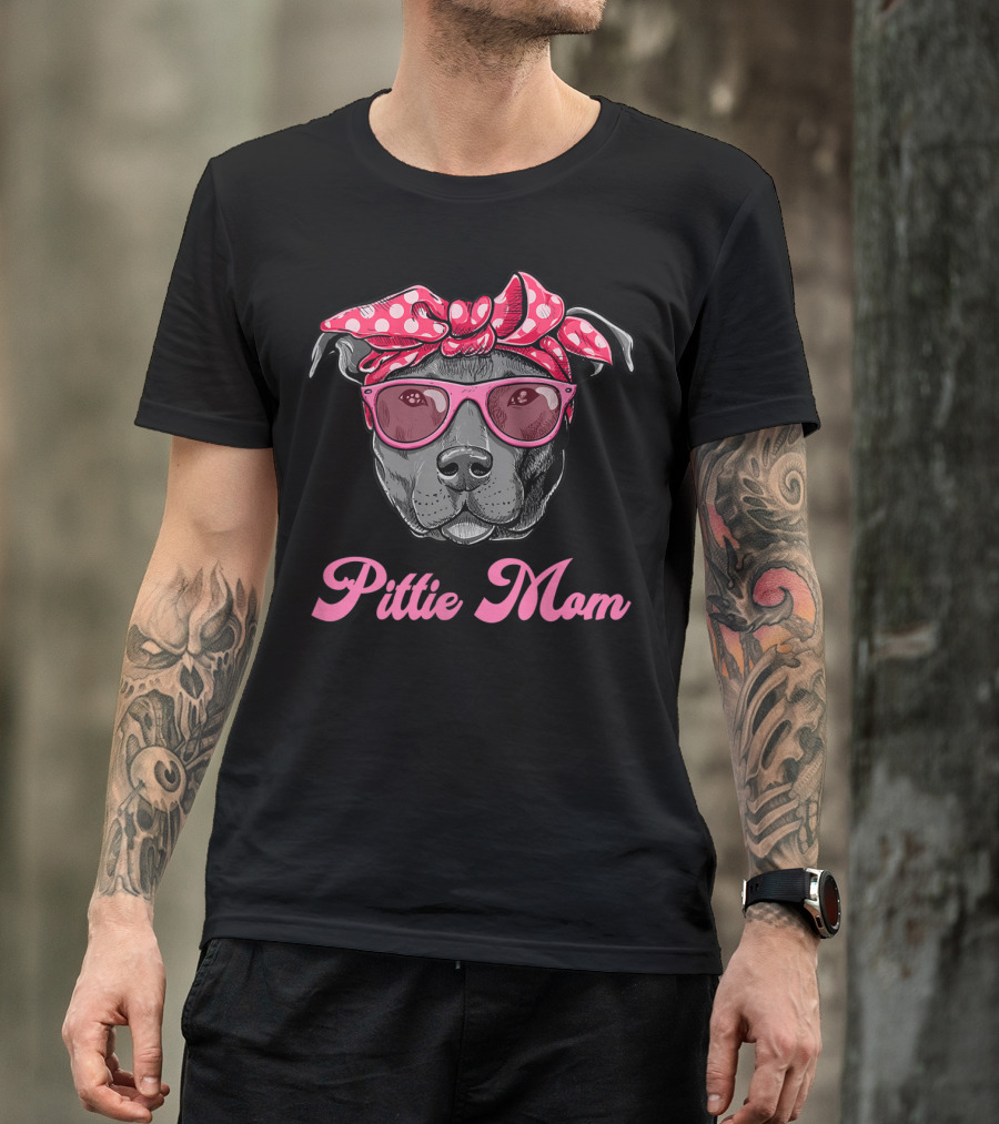 Pittie Mom Pitbull Dog With Polka Dot Bandana And Sunglasses T-Shirt