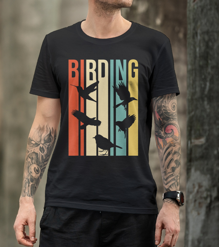 Vintage Style Birding For Birders With Silhouette Birds In Colorful Stripes T-Shirt