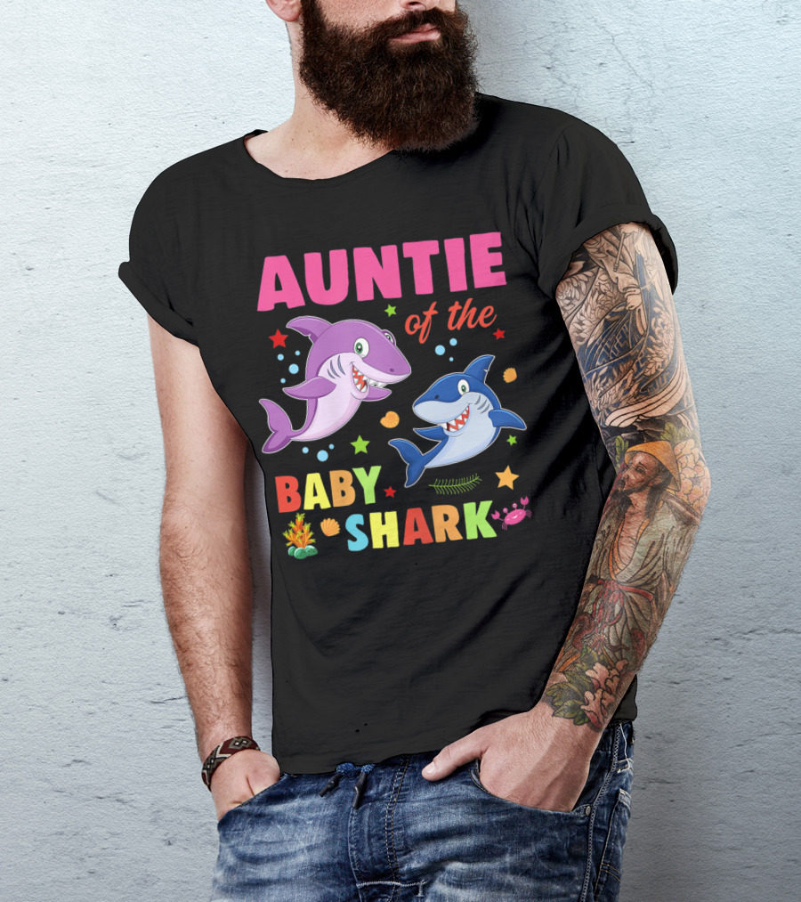 Auntie Of The Baby Shark Birthday Colorful Cartoon Sea Creatures T-Shirt