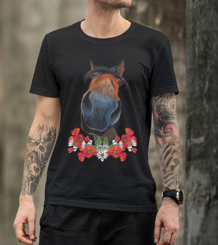 Adorable Horse With Red And White Flowers T-Shirt