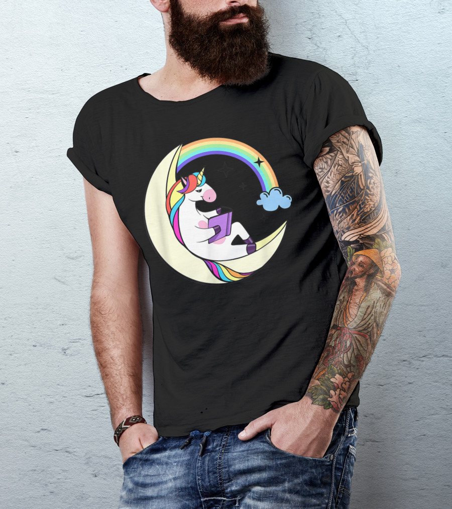 Unicorn Reading Book On Moon With Rainbow And Stars T-Shirt