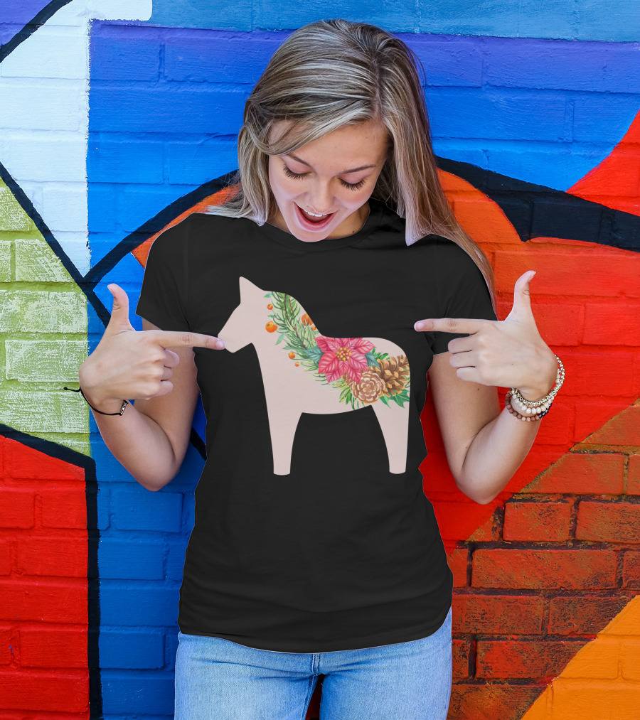 Dala Horse Swedish Christmas Floral Design Sweden T-Shirt