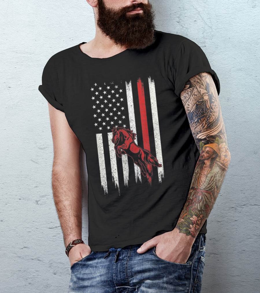 Distressed American Flag With Red Horse T-Shirt