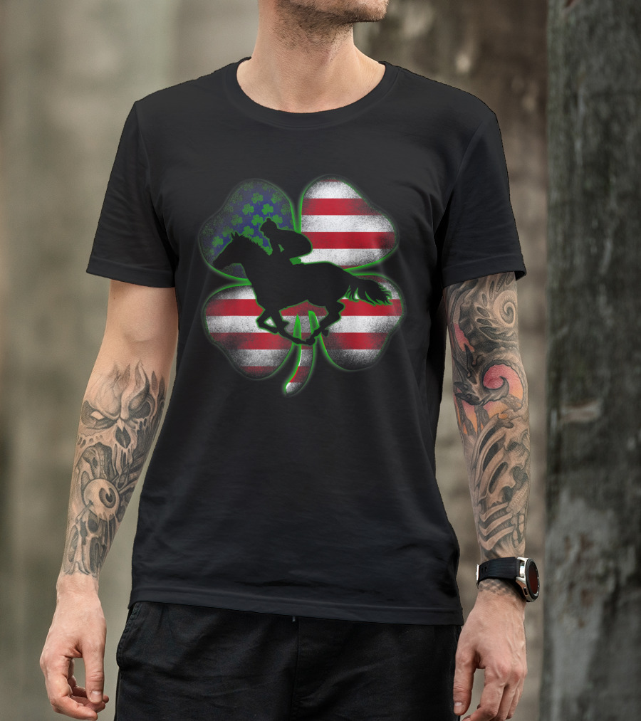 Distressed Horse Racing Shamrocks American Flag St 8W T-Shirt