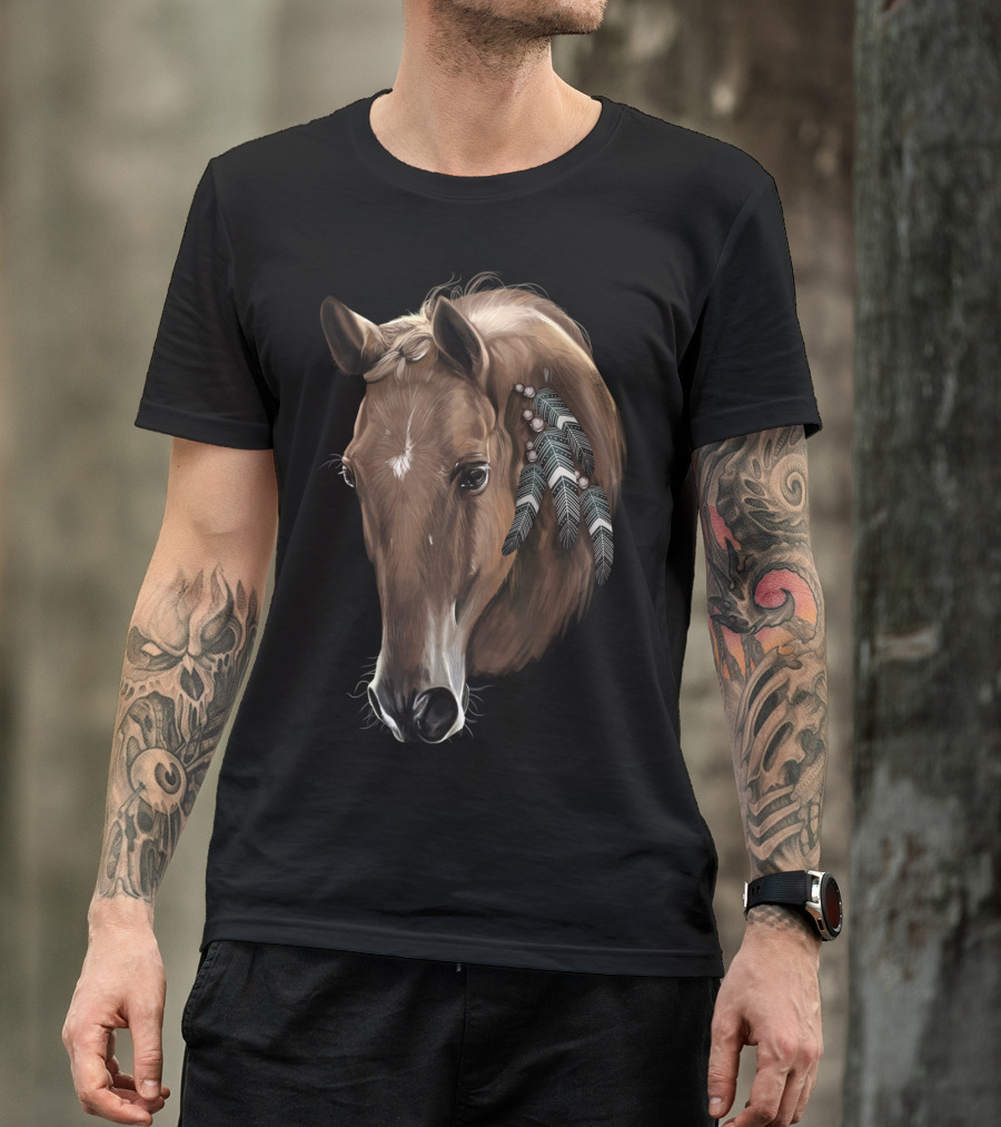 Cute Brown Tribal Horse With Feather Adornments T-Shirt
