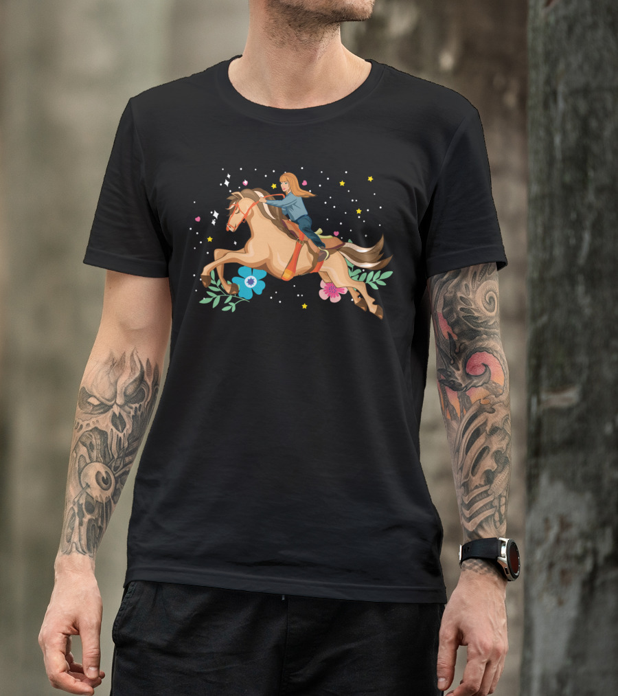 Dreamy Happy Horse Woman Energy With Stars And Flowers T-Shirt