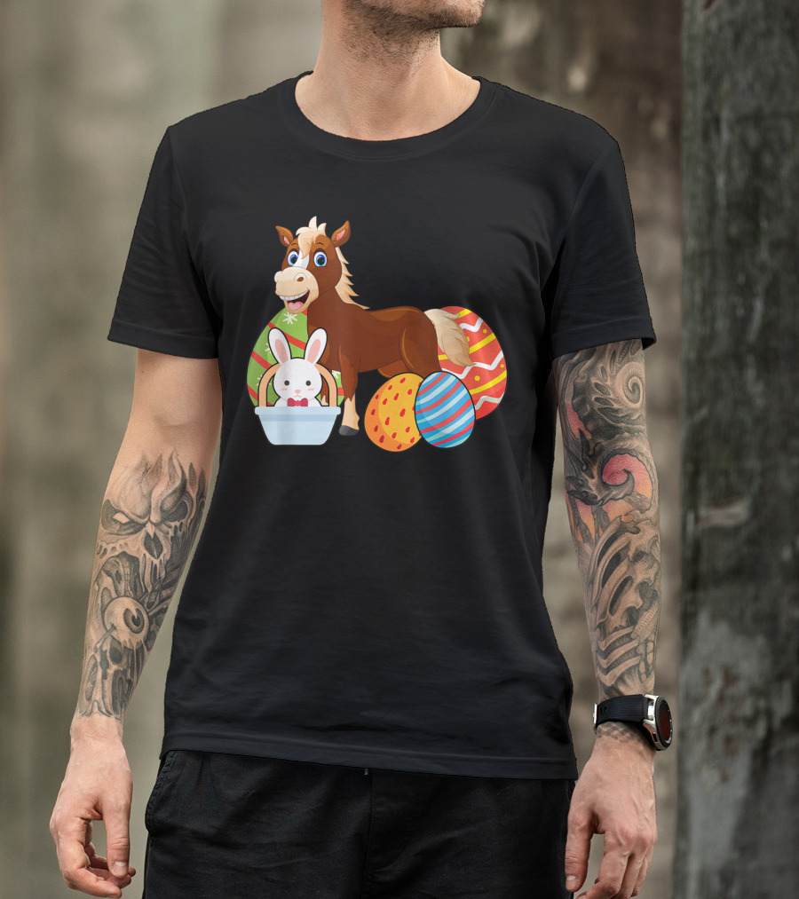 Funny Easter Horse Bunny With Colorful Eggs Happy Easter T-Shirt