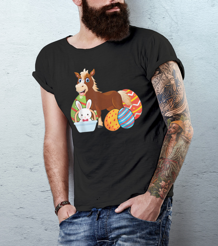 Funny Easter Horse Bunny With Colorful Eggs Happy Easter T-Shirt