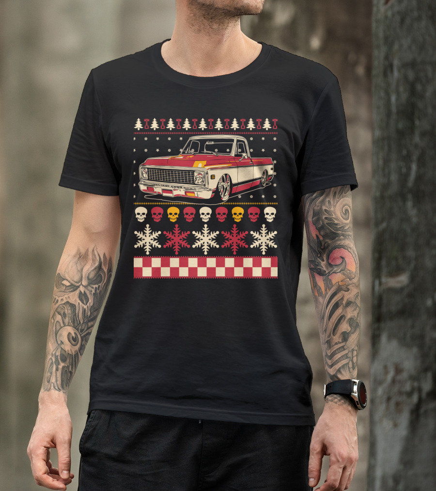 Classic Antique Pickup Truck Ugly Christmas Sweater Skulls Snowflakes T-Shirt