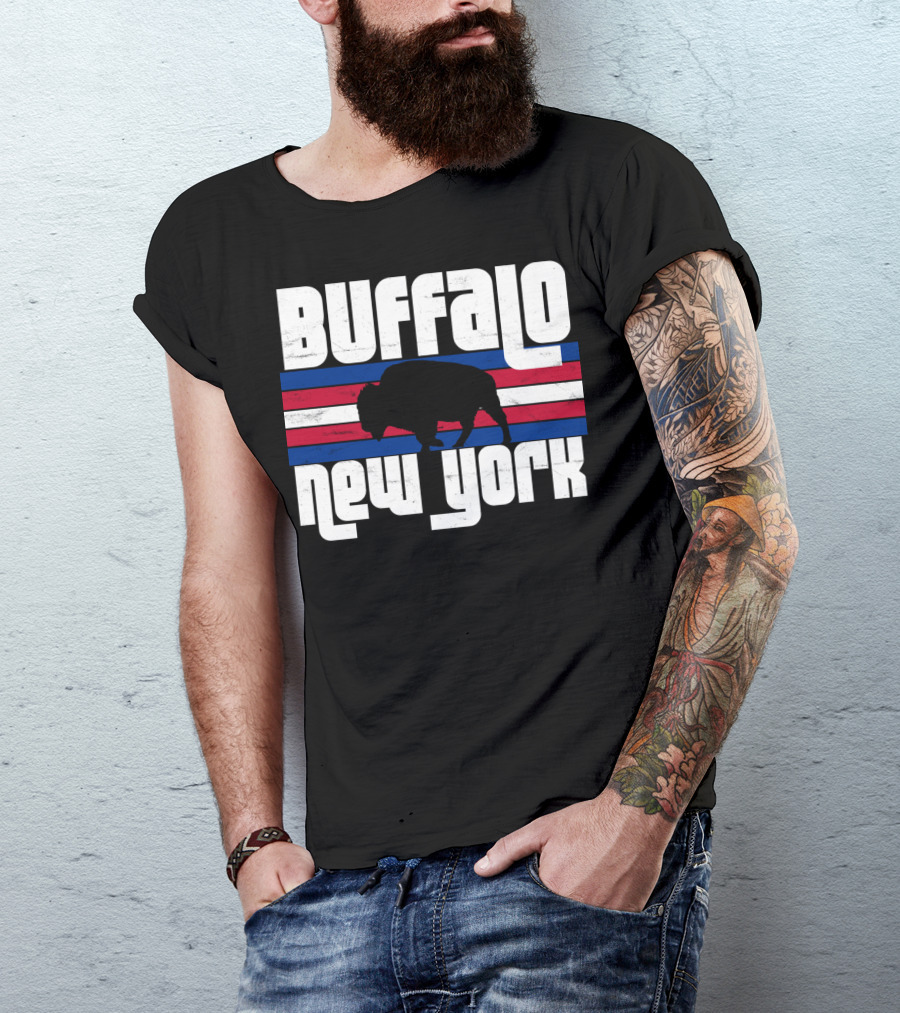 Buffalo New York Bison Silhouette Retro Stripes T-Shirt