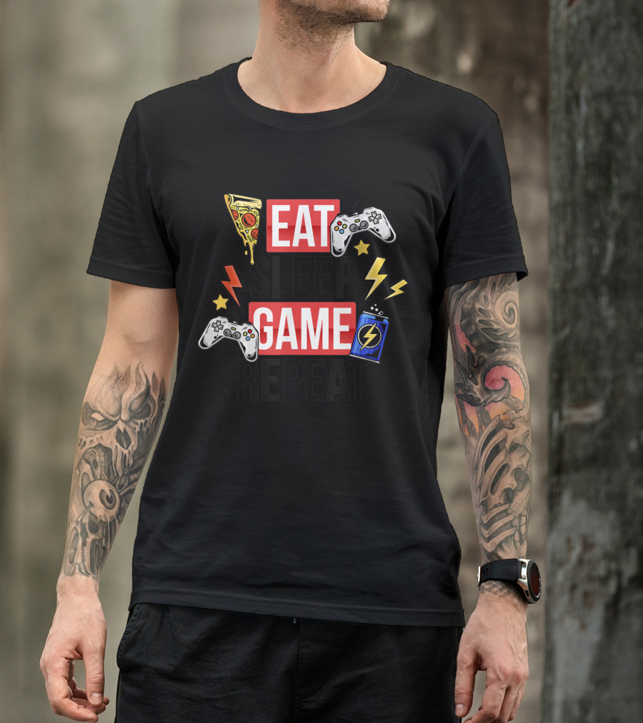 EAT SLEEP GAME REPEAT Pizza Controllers Lightning Energy T-Shirt