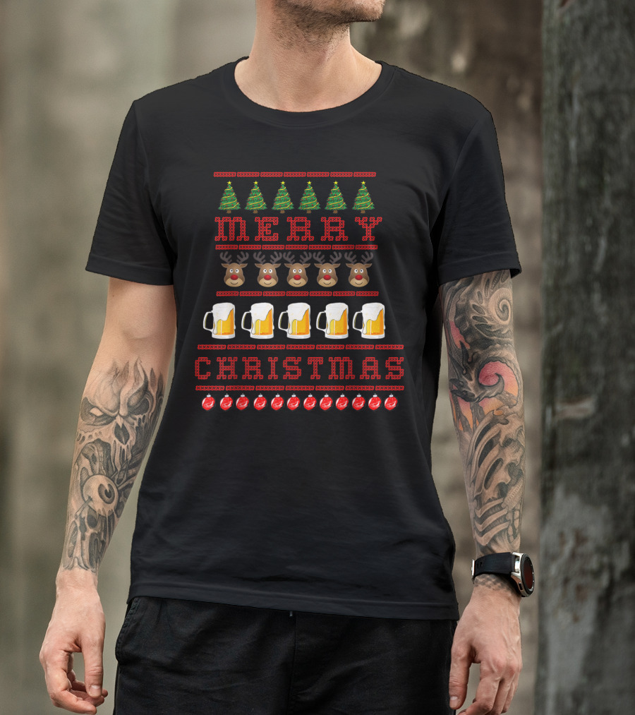Merry Christmas Reindeer Beer Festive Ugly T-Shirt