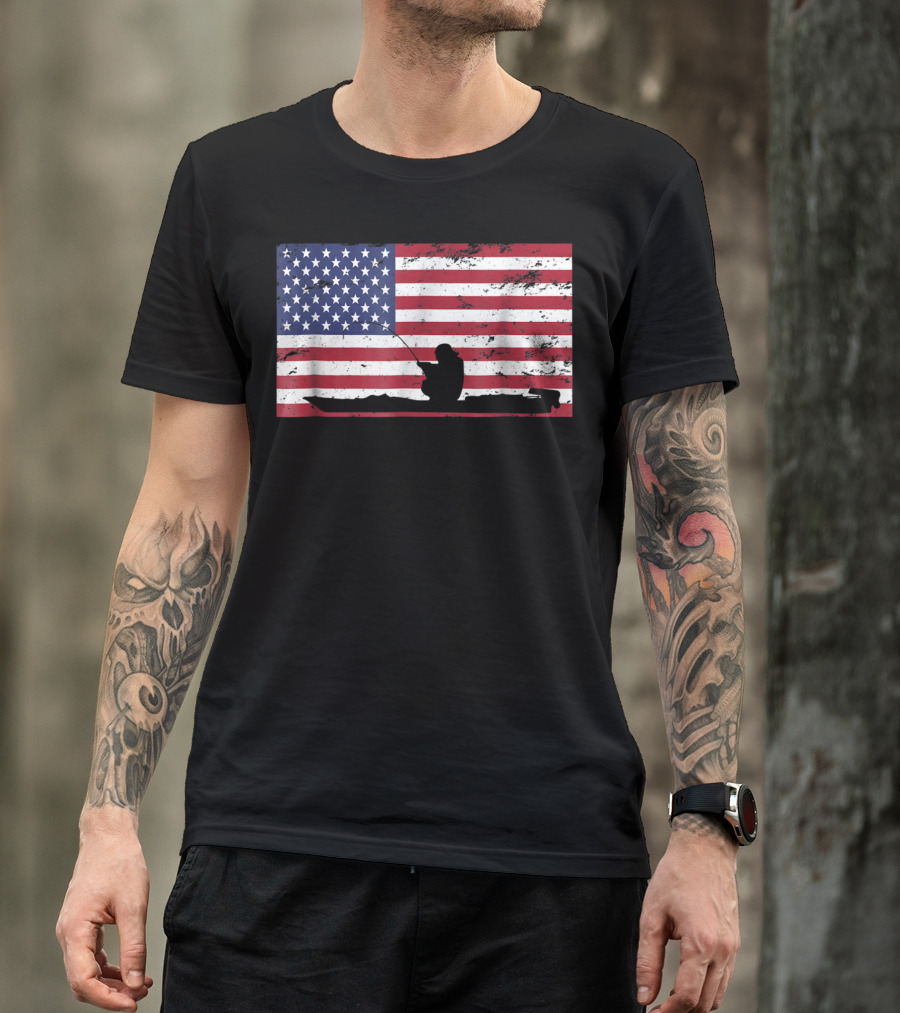 Kayak Fishing Silhouette On Distressed American Flag T-Shirt