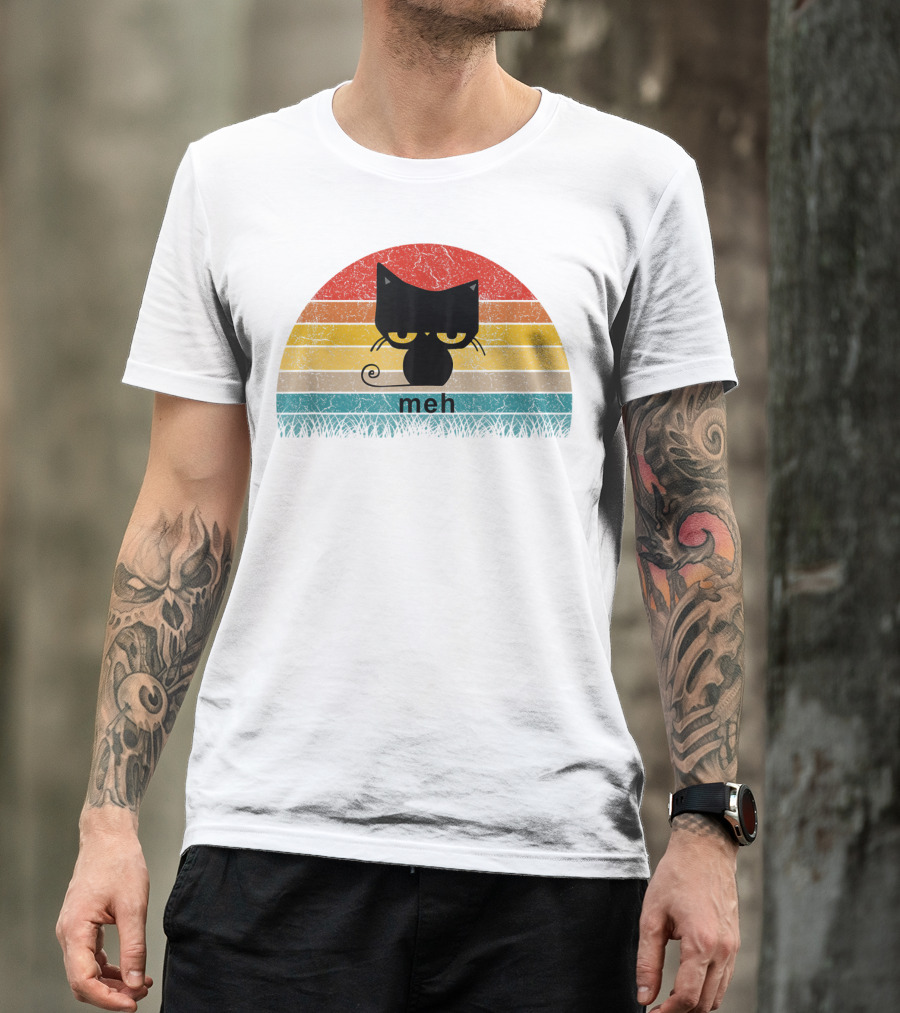 Meh Black Cat Retro Sunset Funny Cat Lovers T-Shirt