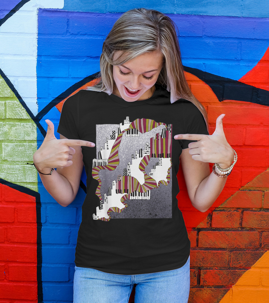Mellow My Man Cityscape With 90s Hip Hop Piano Keys And Vibrant Stripes T-Shirt