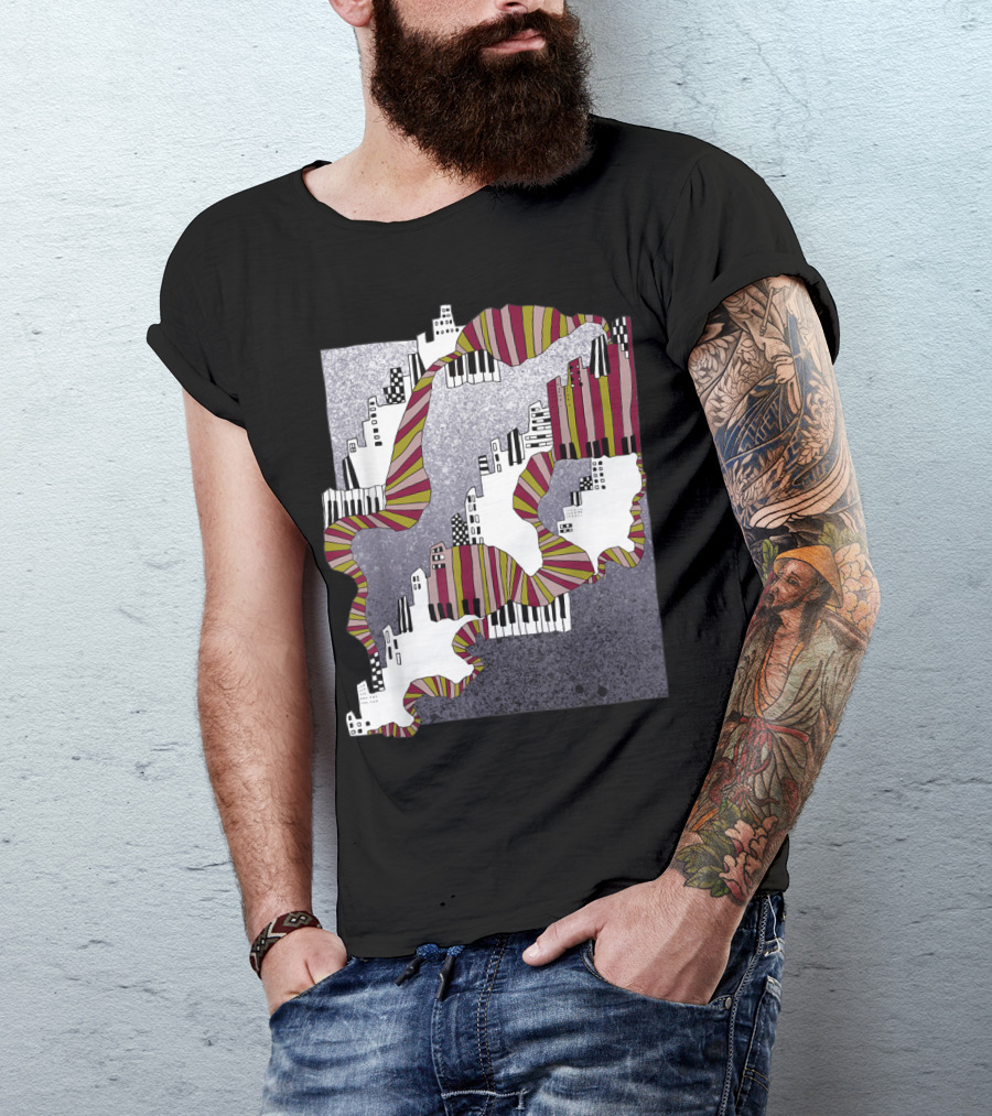 Mellow My Man Cityscape With 90s Hip Hop Piano Keys And Vibrant Stripes T-Shirt