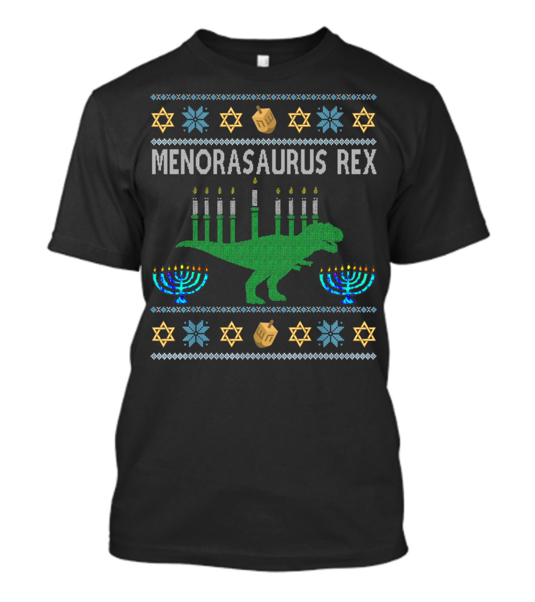 Menorasaurus Rex Hanukkah Dinosaur Star Of David Dreidel Candles Menorah T-Shirt