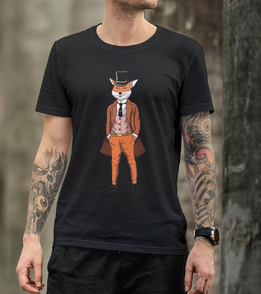 Mens Cool Red Fox Wearing Three Piece Suit And Tie With Top Hat T-Shirt