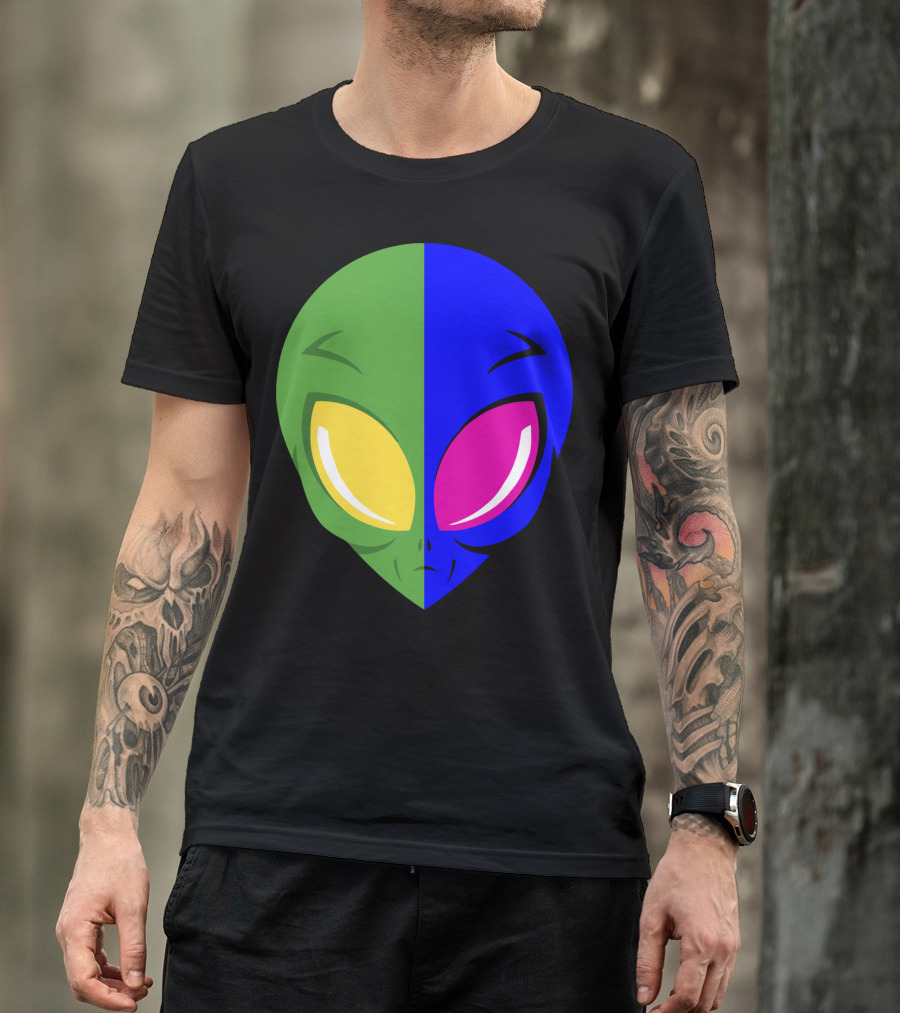 Mens Glow In The Dark Alien Head Dual Colors Green Blue Yellow Pink T-Shirt