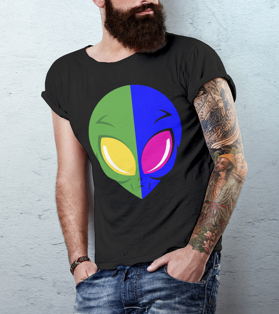 Mens Glow In The Dark Alien Head Dual Colors Green Blue Yellow Pink T-Shirt