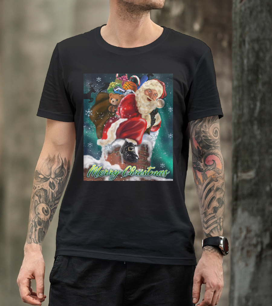 Merry Christmas Santa Claus On Chimney With Toy Sack Holiday Scene T-Shirt