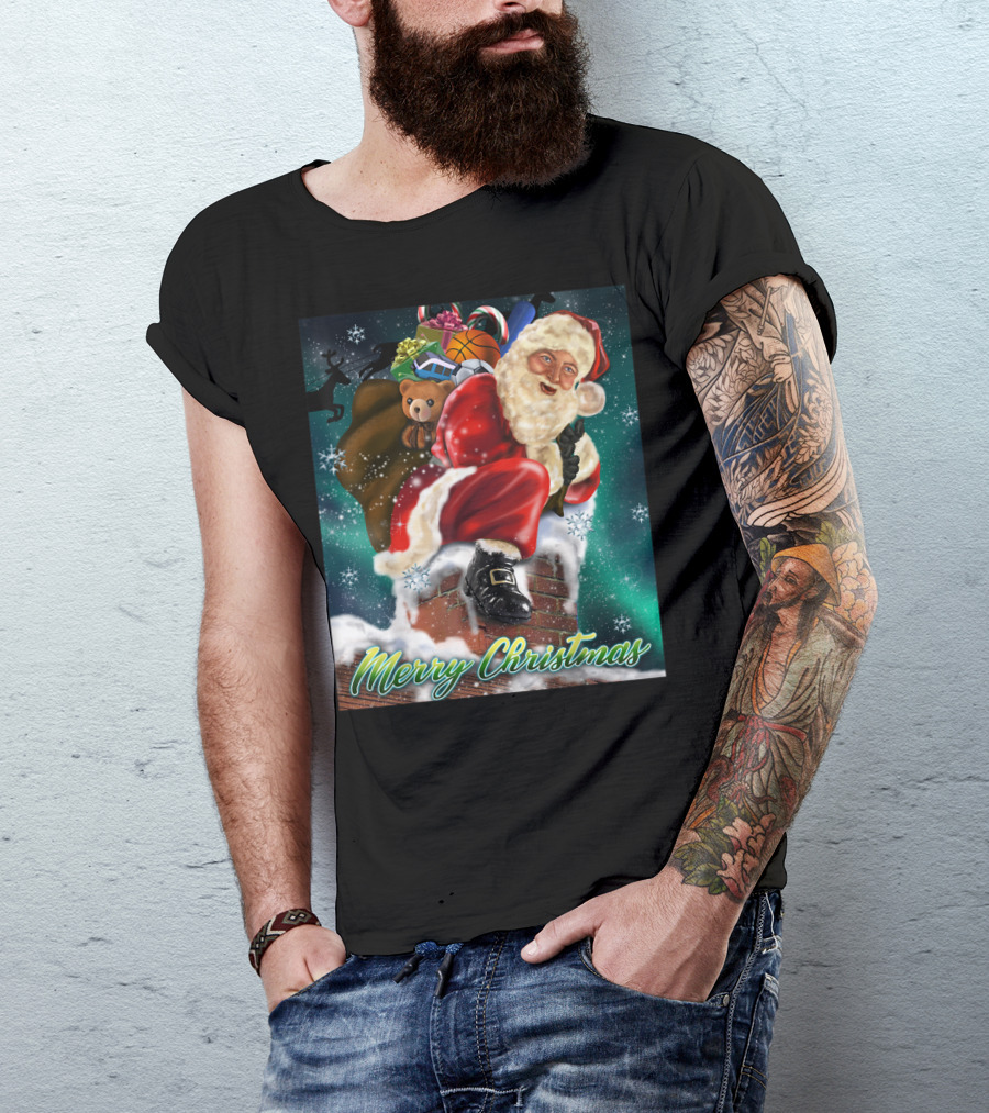 Merry Christmas Santa Claus On Chimney With Toy Sack Holiday Scene T-Shirt