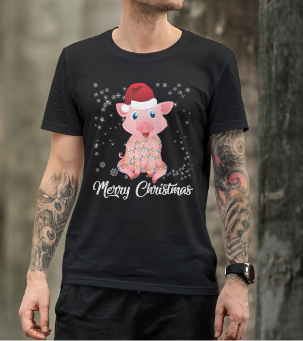 Merry Christmas Pig Santa Hat Wrapped In Holiday Lights T-Shirt