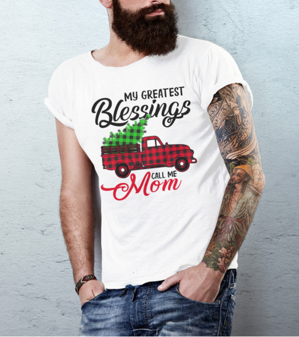 My Greatest Blessings Call Me Mom Red Plaid Truck With Christmas Tree T-Shirt