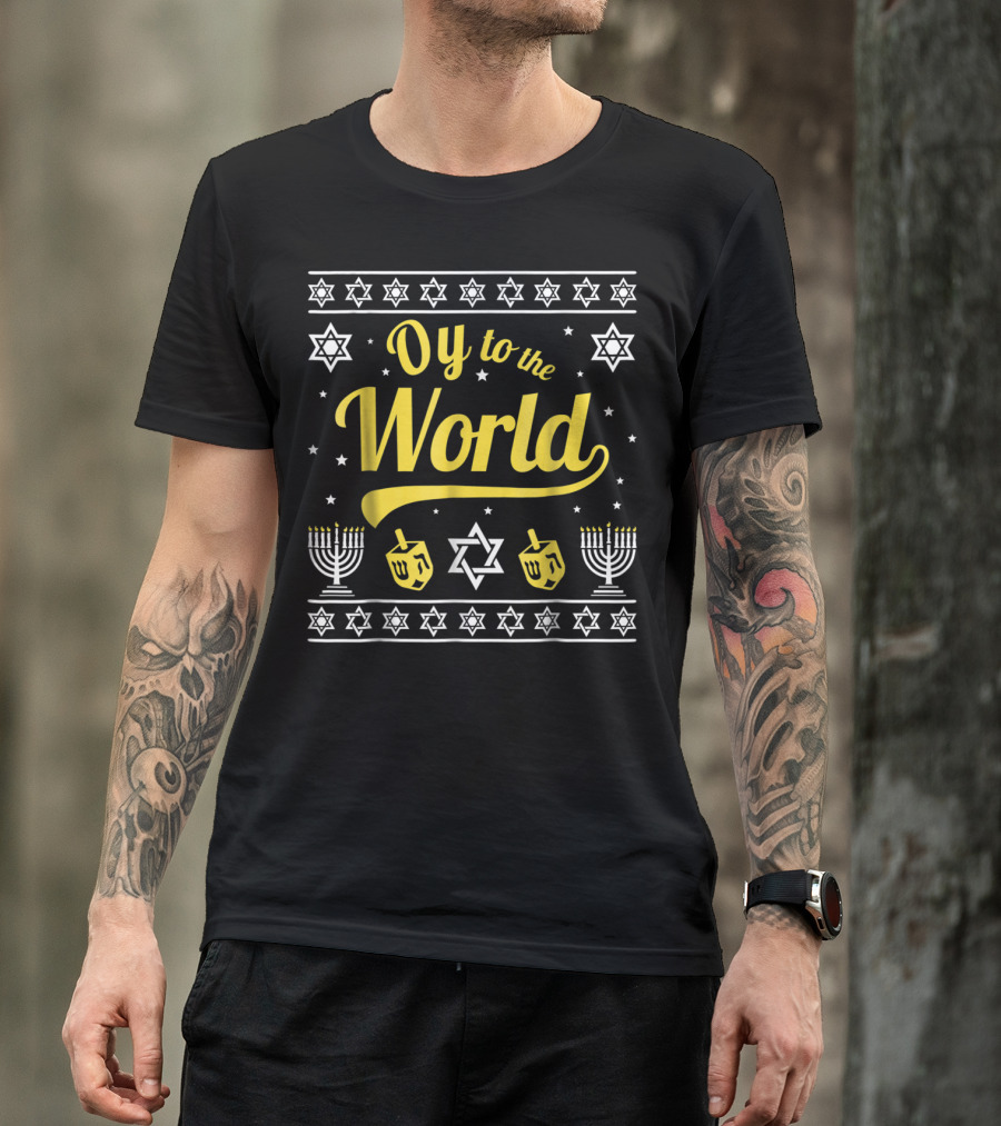 Oy To The World Hanukkah Menorah Star Dreidel T-Shirt