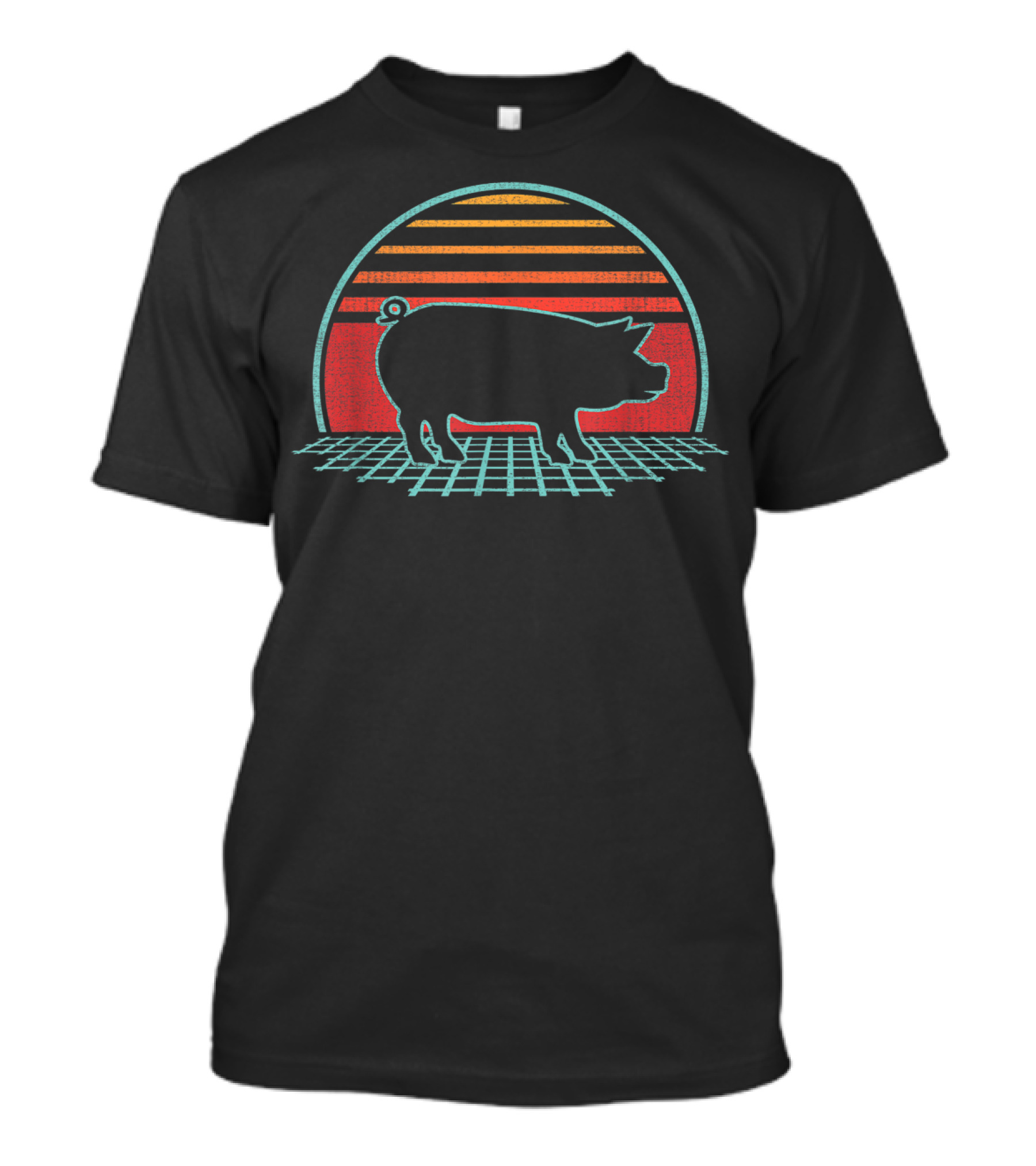 Pig Retro Sunset Grid 80s Farm Animal Lover T-Shirt