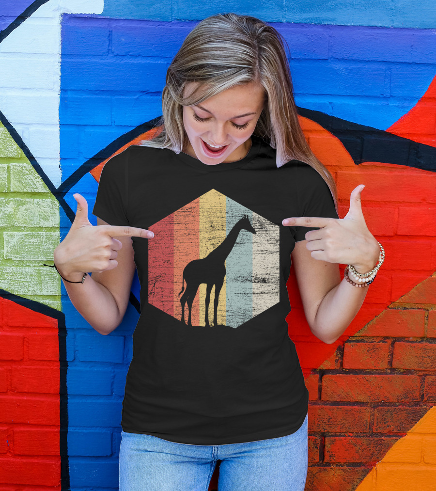 Retro Giraffe Silhouette With Vintage Stripes T-Shirt