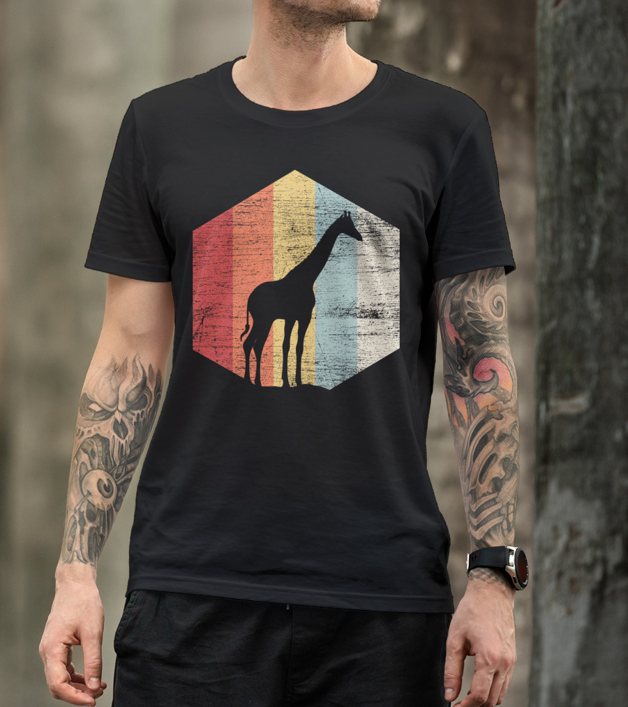 Retro Giraffe Silhouette With Vintage Stripes T-Shirt