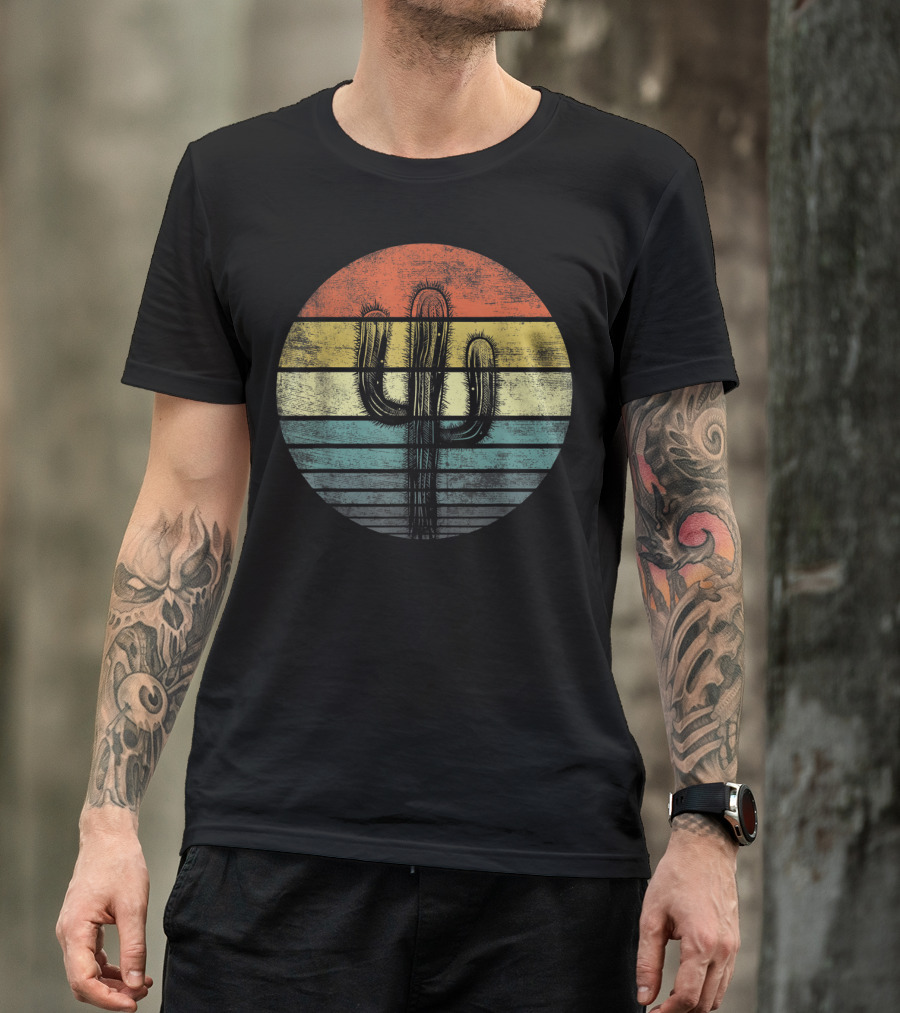 Retro Saguaro Cactus Sunset Stripes Cactaceae Vintage Vibes T-Shirt