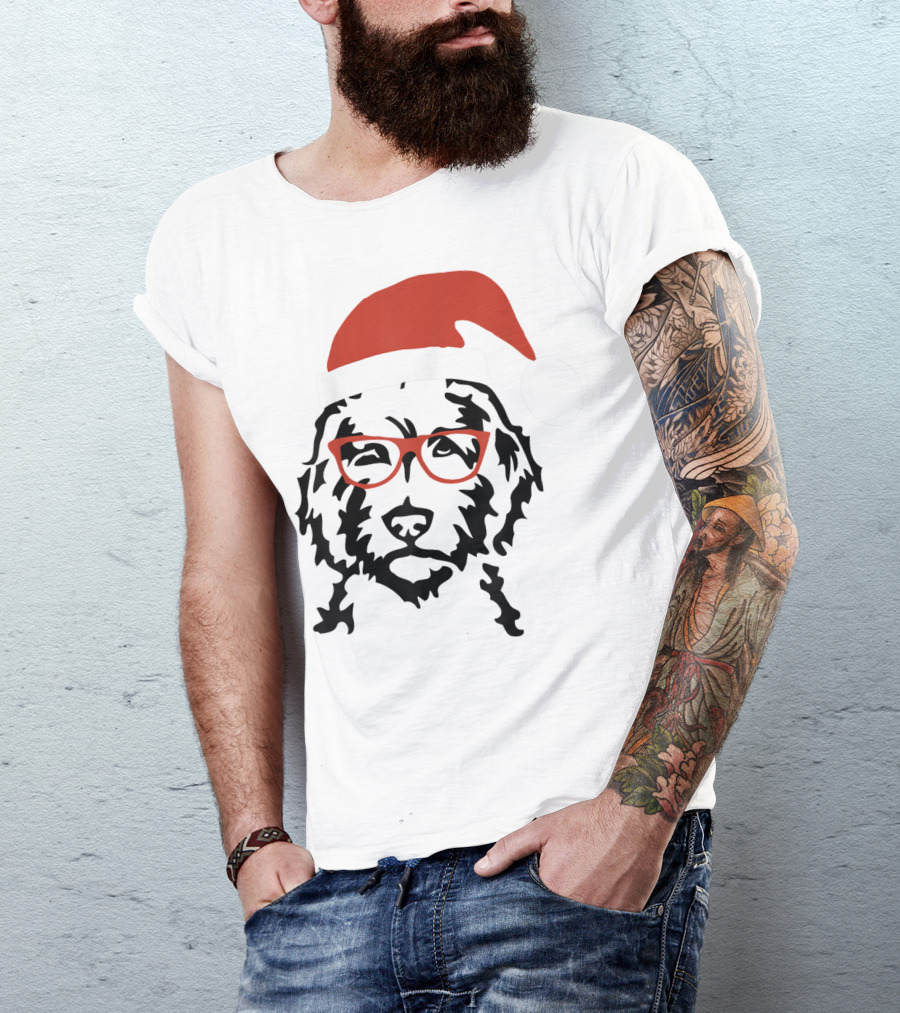 Santa Doodle Goldendoodle Christmas Red Hat Glasses T-Shirt