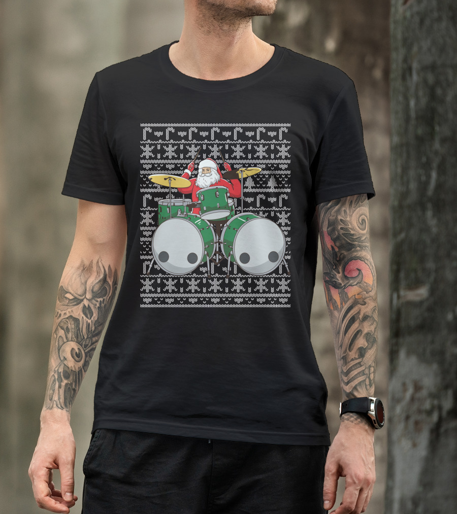Santa Drummer Christmas Ugly Sweater Style Drums T-Shirt