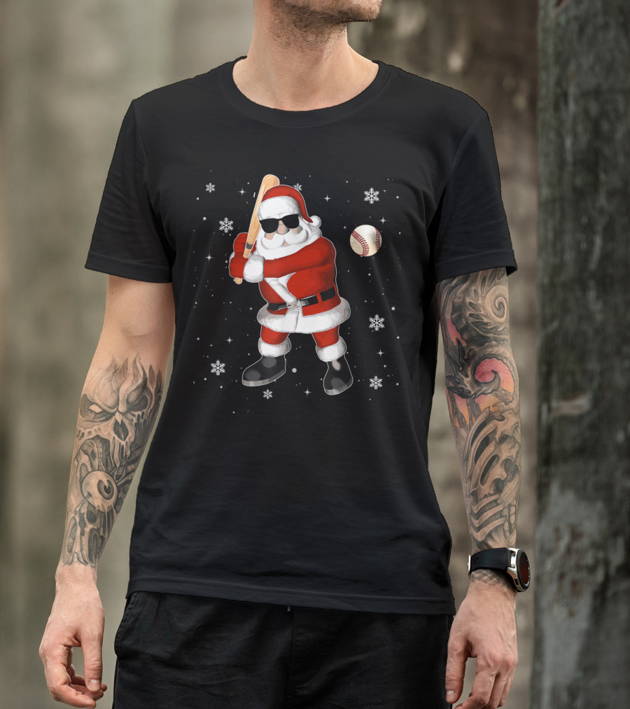 Santa Baseball Snowflake Batting Holiday T-Shirt