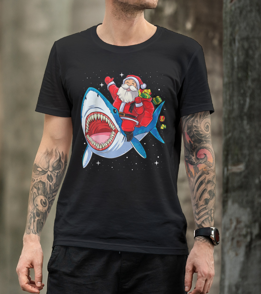 Santa And Presents On Shark In Starry Christmas Galaxy T-Shirt