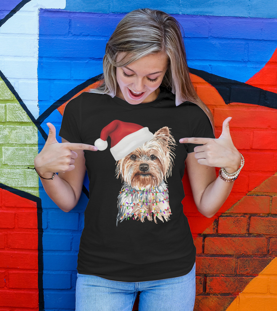 Santa Yorkie Terrier Dog With Christmas Lights Reindeer T-Shirt