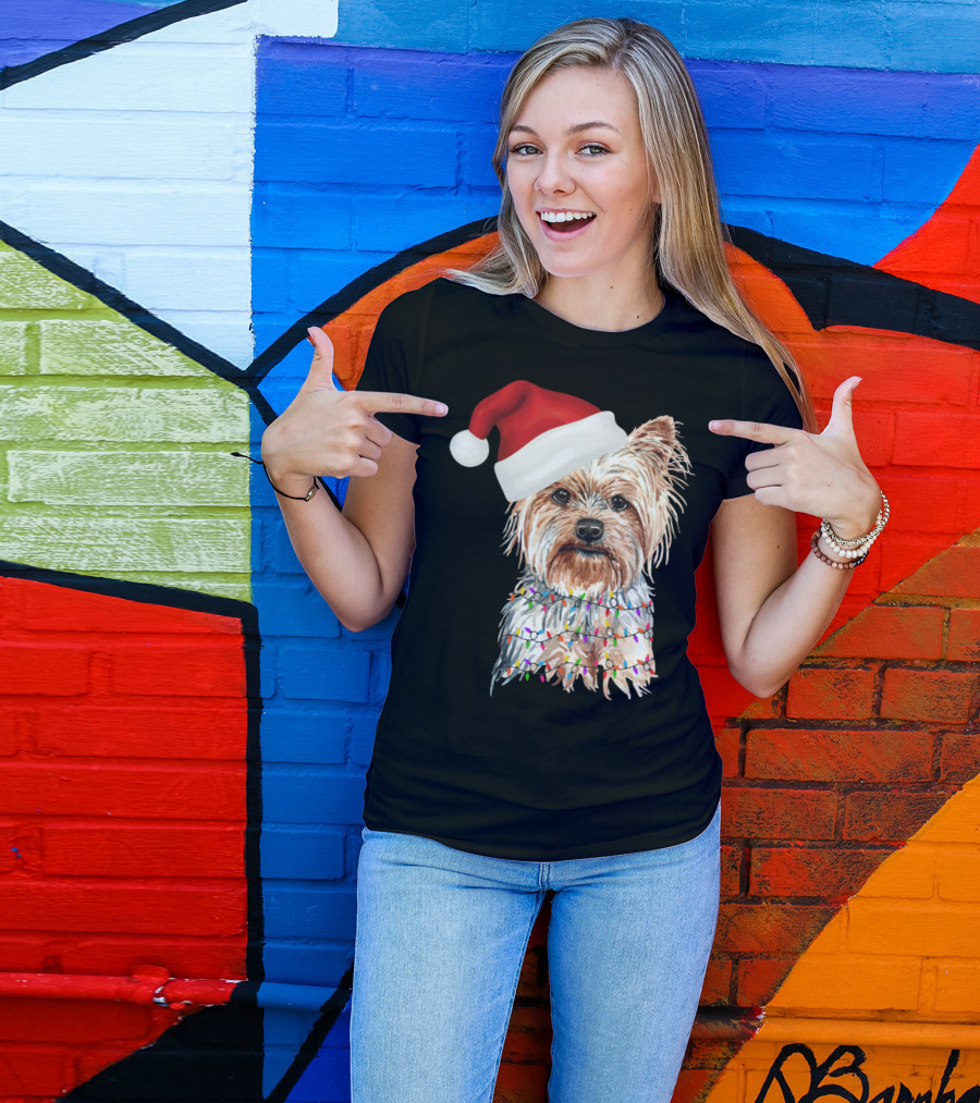 Santa Yorkie Terrier Dog With Christmas Lights Reindeer T-Shirt